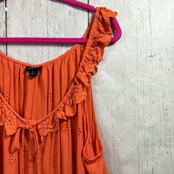 Torrid Eyelet Orange Ruffle Tie Front Womens Sleeveless Summer Casual Tank Top - Picture 3 of 13